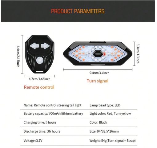 Wireless Remote Control Steering Tail Light, USB Rechargeable Waterproof Night Riding LED Bicycle Bell Warning Light - Image 3